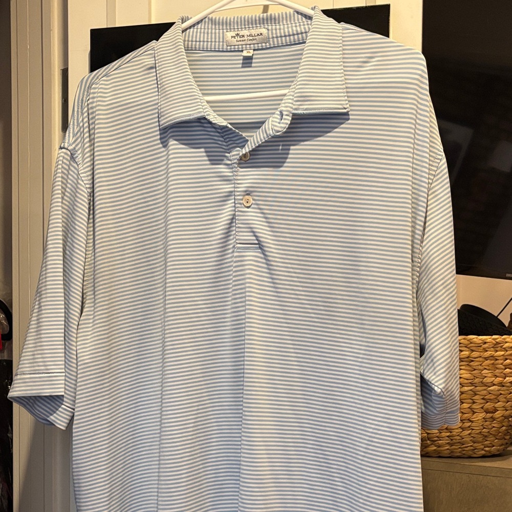Peter Millar Men's Light Blue and White Polo Shirt